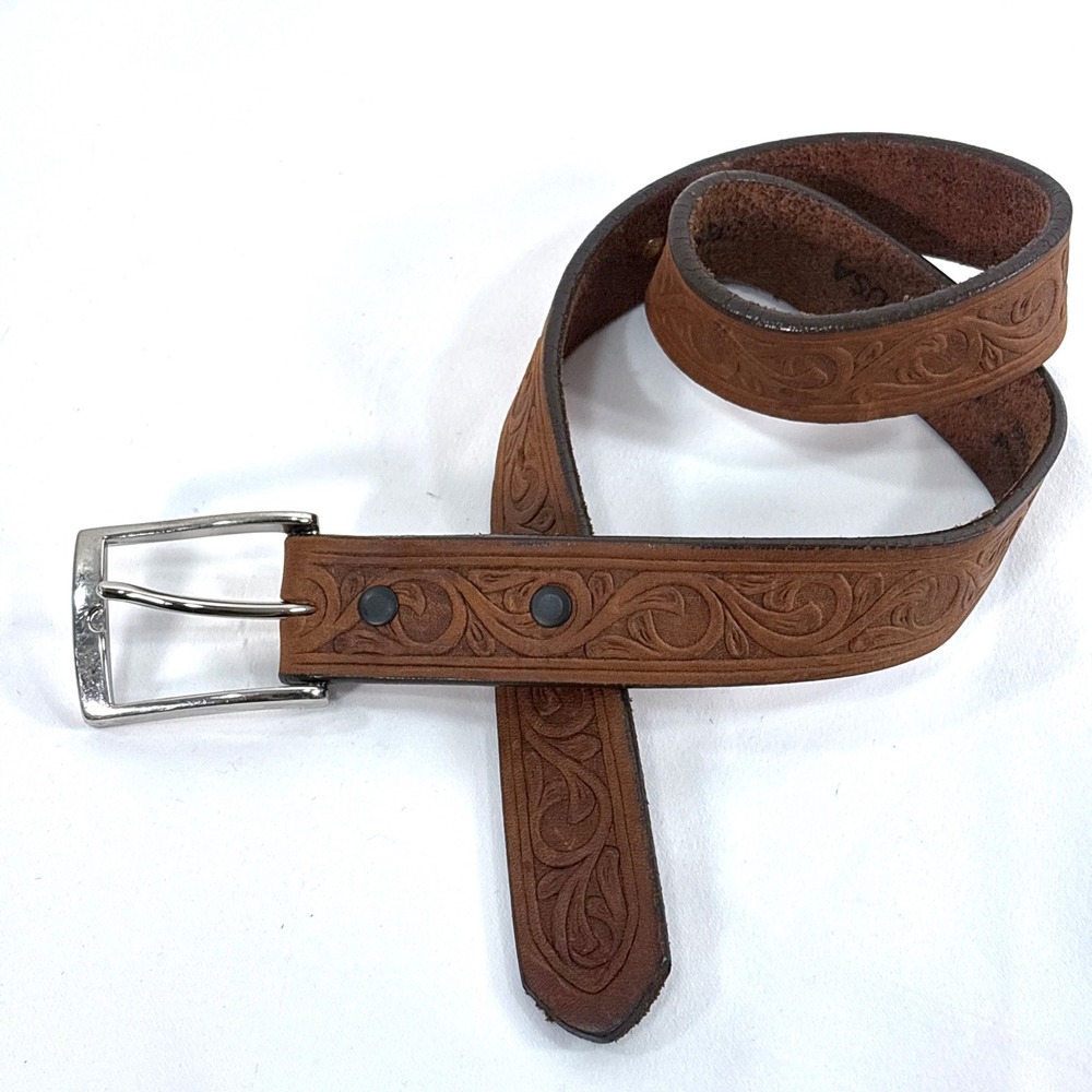 Justin Belt Brown Floral Embossed Top Grain Leather Western Made in USA 24 81980